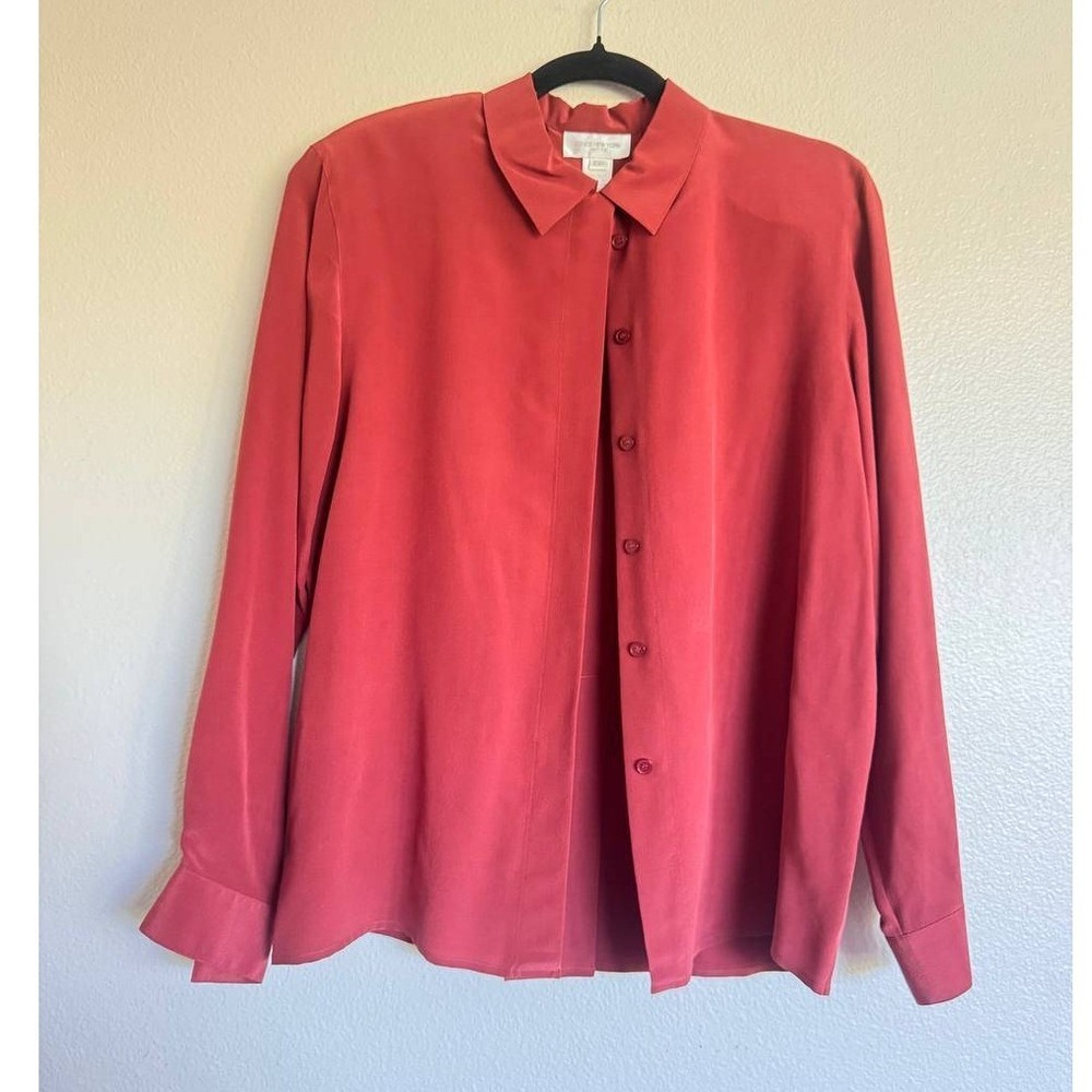 Vintage Jones New York 100% Silk Blouse 10 Brick Red Old Money Quiet Luxury